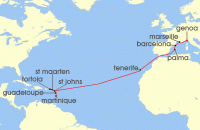 Cruise itinerary map for MSC Cruises 17 Night MSC Grand Voyages (137834)