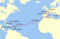 Cruise itinerary map for MSC Cruises 18 Night MSC Grand Voyages (137831)