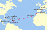 Cruise itinerary map for MSC Cruises 16 Night MSC Grand Voyages (133445)