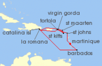 Cruise itinerary map for MSC Cruises 14 Night Southern Caribbean (135823)