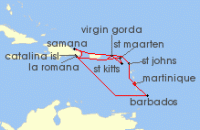 Cruise itinerary map for MSC Cruises 14 Night Southern Caribbean (135817)