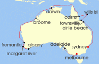 Cruise itinerary map for Princess Cruises 25 Night Round Australia (141129)