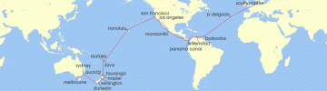 Cruise itinerary map for P & O Cruises 55 Night Melbourne To Southampton (137019)