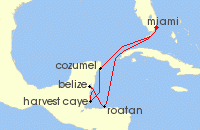 Cruise itinerary map for Norwegian Cruise Line 7 Night Western Caribbean Round-Trip Miami: Harvest Caye, Cozumel & Roatan (138708)