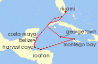 Cruise itinerary map for Regent Seven Seas Cruises 10 Night Treasures Of Belize Miami To Miami (123321)