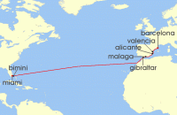 Cruise itinerary map for Royal Caribbean Cruises 14 Night Spain & Gibraltar Transatlantic (140193)