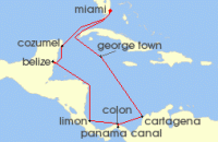 Cruise itinerary map for Norwegian Cruise Line 11 Night Panama Canal Round-trip Miami: Mexico, Costa Rica & Belize (137582)
