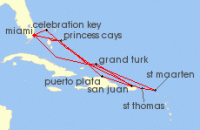 Cruise itinerary map for Princess Cruises 14 Night Eastern Caribbean Adventurer (141016)