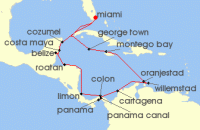 Cruise itinerary map for Oceania Cruises 20 Night Coastal Calm & Coconuts Miami to Miami (138162)