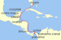 Cruise itinerary map for Oceania Cruises 10 Night Vivid Western Caribbean Miami to Panama City (120338)