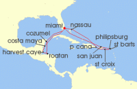 Cruise itinerary map for Regent Seven Seas Cruises 17 Night Yucatan Gems & Serene Isles Miami To Miami (109556)