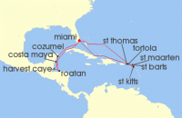 Cruise itinerary map for Oceania Cruises 17 Night Tropical Serenade Miami to Miami (141729)