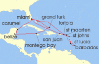 Cruise itinerary map for Cunard Line 21 Night Caribbean (133948)