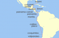 Cruise itinerary map for Azamara Cruises 19 Night Cruise Panama, Peru & Chile Cruise: Panama Canal, Lima & Coquimbo (140019)