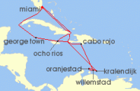 Cruise itinerary map for MSC Cruises 15 Night Caribbean & Bahamas (133274)