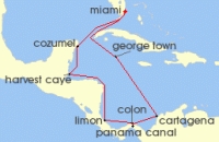 Cruise itinerary map for Norwegian Cruise Line 11 Night Panama Canal Round-trip Miami: Mexico, Costa Rica & Belize (81511)