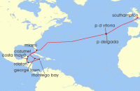 Cruise itinerary map for Cunard Line 21 Night Western Caribbean (139075)