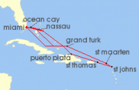Cruise itinerary map for MSC Cruises 14 Night Caribbean & Bahamas (142321)