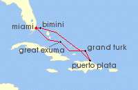 Cruise itinerary map for Silversea Cruises 7 Night Miami, Fl To Miami, Fl (139679)