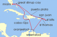 Cruise itinerary map for Norwegian Cruise Line 11 Night Caribbean Round-trip Miami: Curacao, Aruba & Dominican Republic (139688)