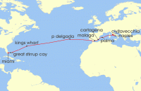 Cruise itinerary map for Oceania Cruises 16 Night Transoceanic Salute Miami to Rome (120710)