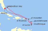 Cruise itinerary map for Carnival Cruises 11 Night Southern Caribbean (140355)