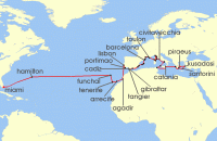 Cruise itinerary map for Oceania Cruises 45 Night Atlantic to Aegean Odyssey Miami to Athens (127842)