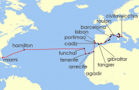 Cruise itinerary map for Oceania Cruises 35 Night Crossing to Antiquity Miami to Rome (127827)