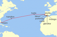 Cruise itinerary map for Azamara Cruises 21 Night Cruise Transatlantic Cruise: Miami To Lisbon (141324)