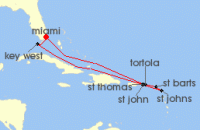 Cruise itinerary map for Silversea Cruises 11 Night Miami, Fl To Miami, Fl (140786)