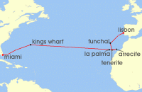Cruise itinerary map for Oceania Cruises 15 Night Atlantic Island Collector Miami to Lisbon (132879)