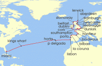 Cruise itinerary map for Oceania Cruises 33 Night Epic Passage to Hibernia Miami to London (120375)