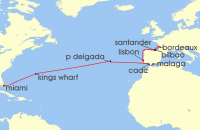 Cruise itinerary map for Regent Seven Seas Cruises 24 Night Atlantic Evenings Miami To Lisbon (136473)