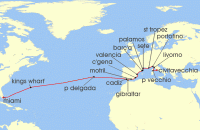Cruise itinerary map for Oceania Cruises 23 Night New World to Ancient Shores Miami to Rome (133613)