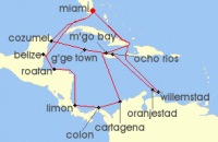 Cruise itinerary map for MSC Cruises 21 Night Southern & Western Caribbean (133289)