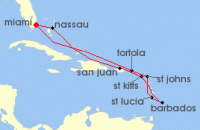 Cruise itinerary map for Oceania Cruises 11 Night Eclectic Caribbean Miami to Miami (112195)