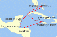 Cruise itinerary map for Regent Seven Seas Cruises 10 Night Mayan Culture, Island Joy Miami To Miami (136417)