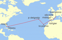 Cruise itinerary map for Regent Seven Seas Cruises 15 Night Elegance Of The Atlantic Miami To Barcelona (136468)