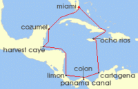 Cruise itinerary map for Norwegian Cruise Line 11 Night Panama Canal Round-trip Miami: Mexico, Jamaica & Costa Rica (105370)