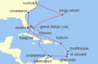 Cruise itinerary map for Oceania Cruises 26 Night Antilles & Atlantic Gems Miami to Miami (120713)