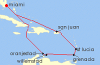 Cruise itinerary map for Oceania Cruises 12 Night Sunkissed Caribbean Shores Miami to Miami (120339)