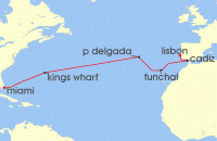 Cruise itinerary map for Regent Seven Seas Cruises 14 Night Rite Of Spring Crossing Miami To Lisbon (136284)