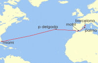 Cruise itinerary map for Norwegian Cruise Line 12 Night Transatlantic From Miami To Barcelona: Spain & Azores (136886)