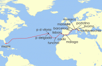 Cruise itinerary map for Silversea Cruises 24 Night Miami, Fl To Civitavecchia (Rome) (133684)