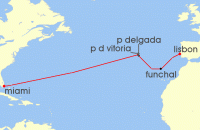 Cruise itinerary map for Silversea Cruises 14 Night Miami, Fl To Lisbon (132015)