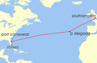 Cruise itinerary map for Cunard Line 12 Night Miami To Southampton (140403)