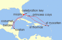 Cruise itinerary map for Princess Cruises 14 Night Eastern/Western Caribbean Adventurer (141013)