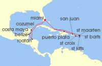 Cruise itinerary map for Oceania Cruises 17 Night Caribbean Carried Away Miami to Miami (138175)