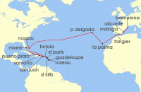 Cruise itinerary map for Regent Seven Seas Cruises 27 Night Springtime Atlantic Crossing Miami To Barcelona (141683)