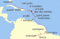 Cruise itinerary map for Explora Journeys 19 Night An Extended Journey of Caribbean Charms & Amazonian Wonders (138129)